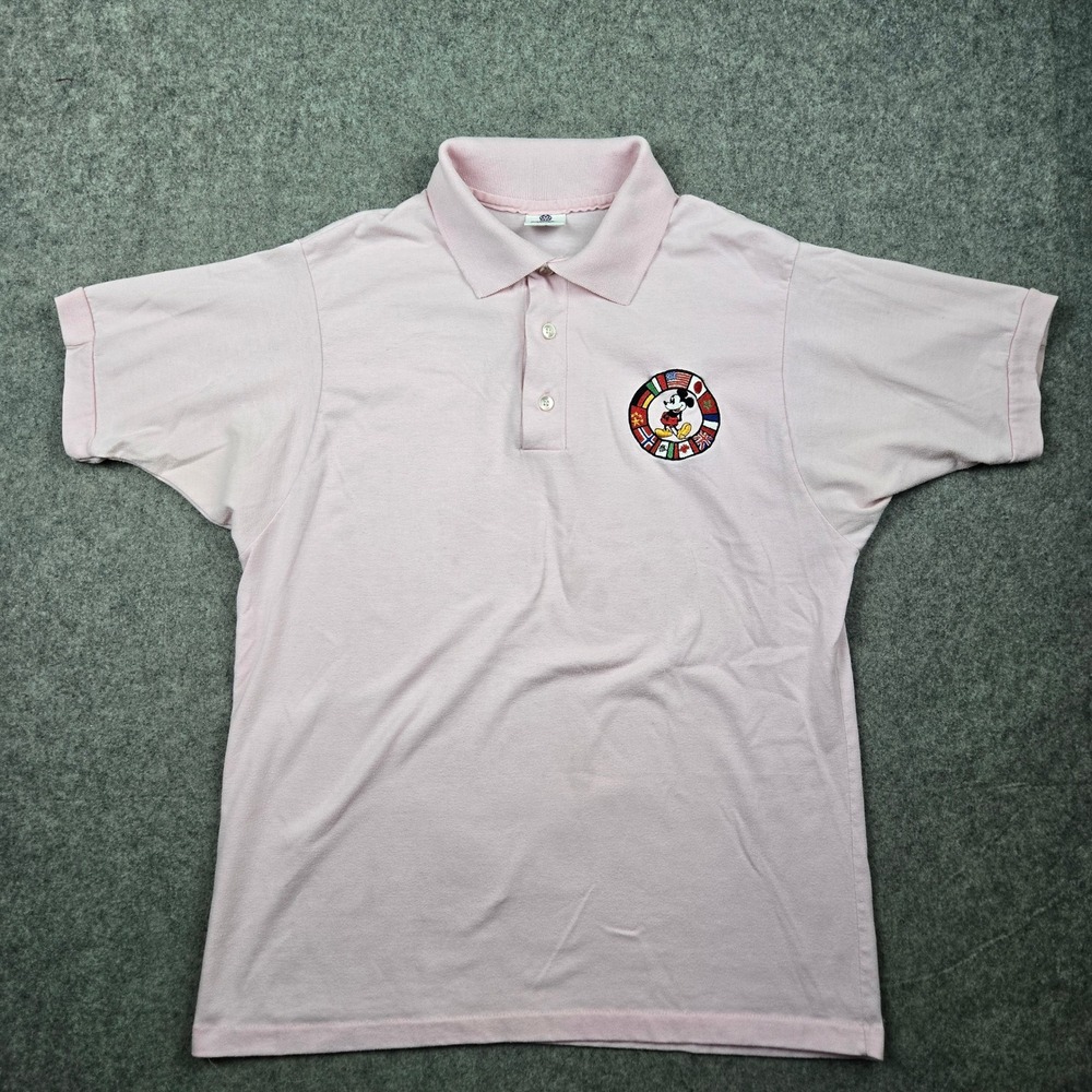 Vtg 80s Disney Polo Shirt Adult Medium Pink Mickey Mouse Epcot Center Pastel - Picture 2 of 7
